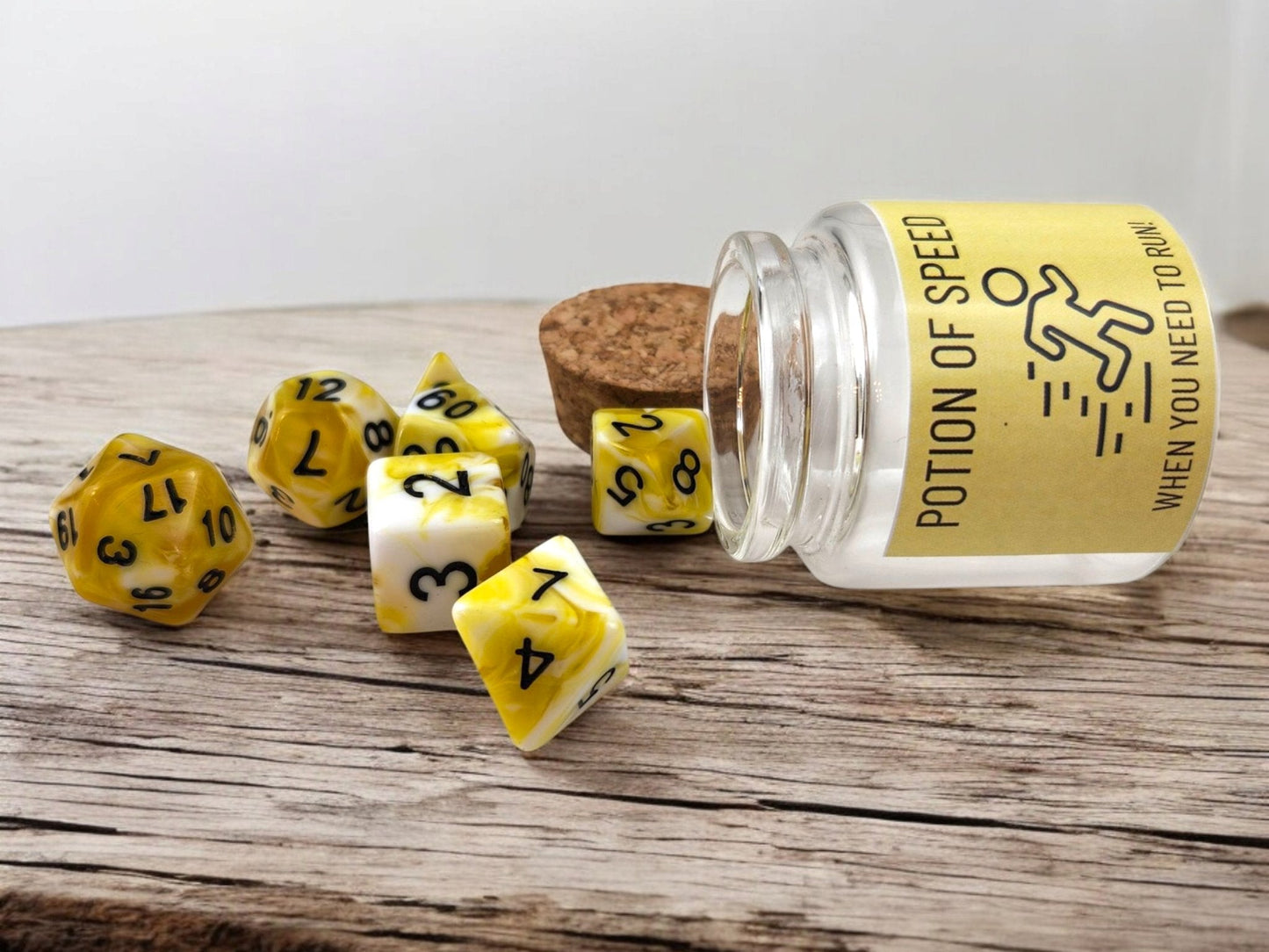 Potion of Speed Dice Jar — Yellow & White 7-Piece DND Dice Set