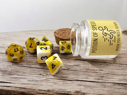 Potion of Speed Dice Jar — Yellow & White 7-Piece DND Dice Set