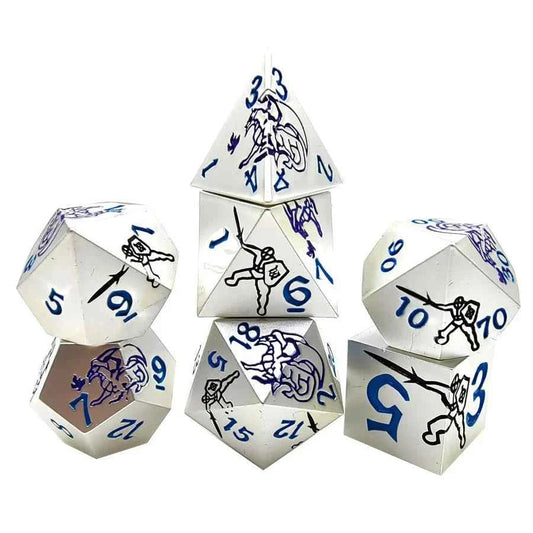 Purple Dragon and Black Warrior White Metal DND Dice Set — 7-Piece Zinc Alloy TTRPG Dice