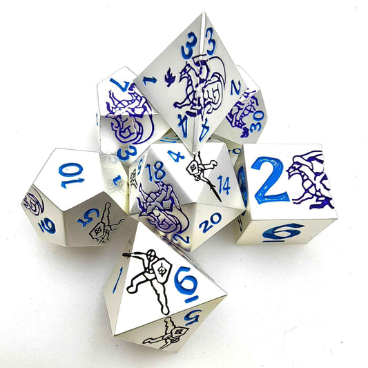Purple Dragon and Black Warrior White Metal DND Dice Set — 7-Piece Zinc Alloy TTRPG Dice