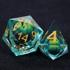 Purple transparent resin liquid core dragon eye DND dice set + Blue Font