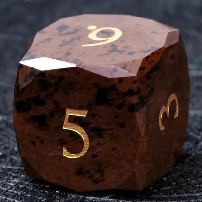 Reddish-brown Natural Gemstone DND Dice Set | Diamond Cut Gold Font RPG Dice