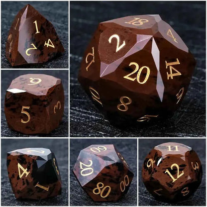 Reddish-brown Natural Gemstone DND Dice Set | Diamond Cut Gold Font RPG Dice
