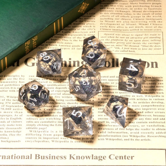 Transparent Resin Black Quicksand Glitter Liquid Core Dice Set with Silver Numbers
