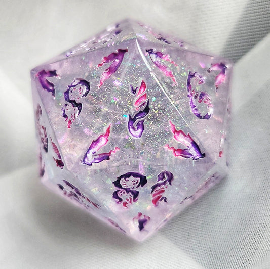 'It Must Have Been Love' Handmade Resin Shimmery Opalescent Pink Purple Handpainted Fantasy TTRPG 30MM Polyhedral Gaming Dice D20 Chonk