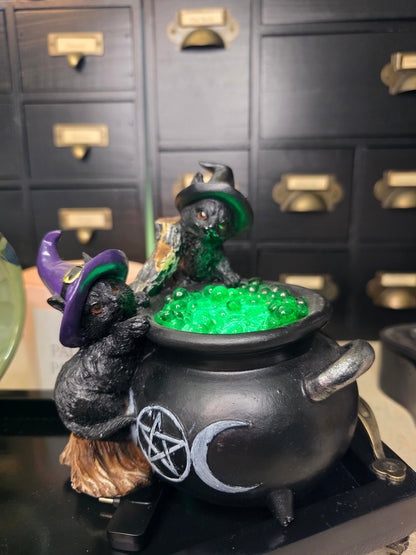 Witchy Halloween Led Light Black Cat With Cauldron & Broom 5.10"