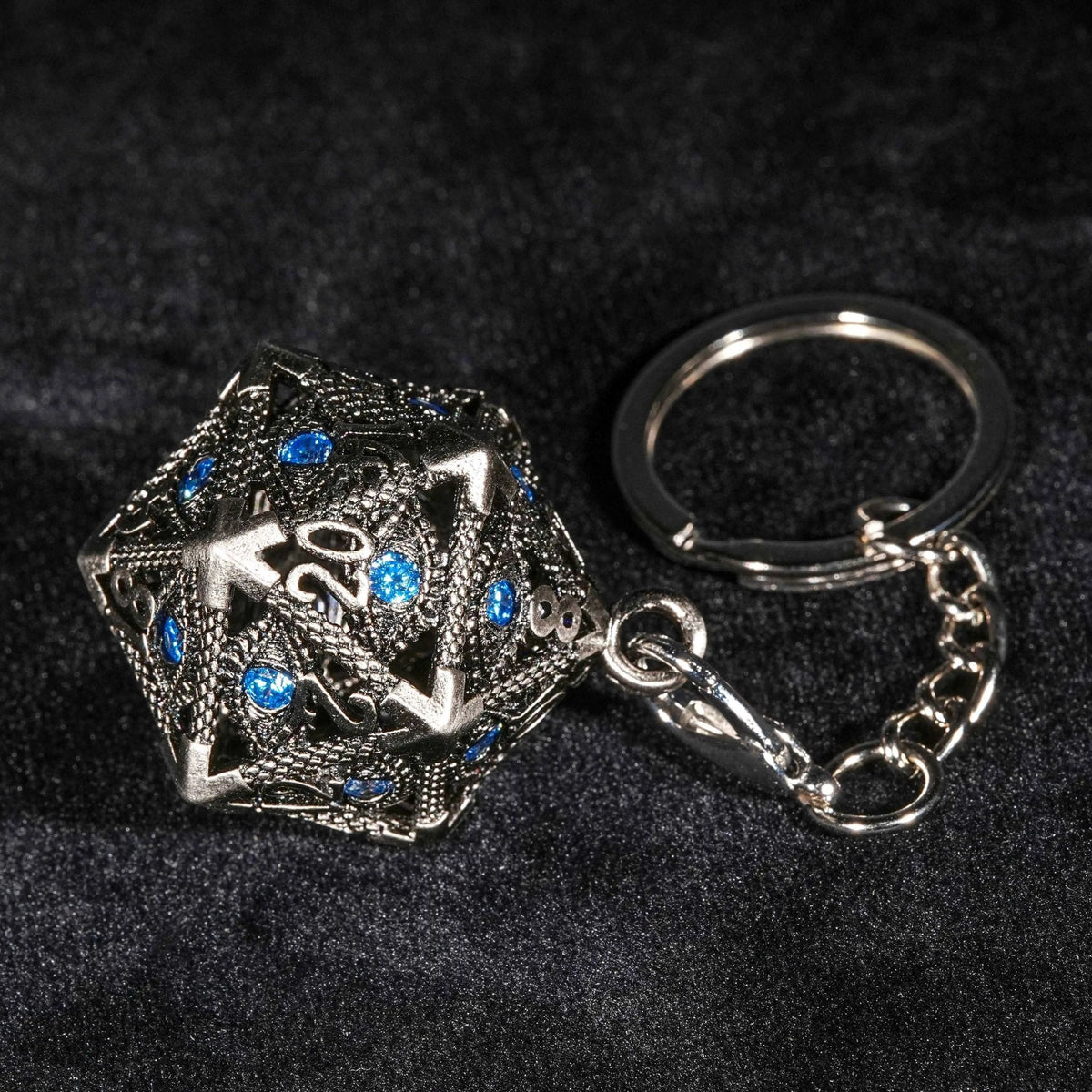 Sapphire Dragon Eye Silver D20 Dice Cage Keychain + 7 Mini Metal DND Dice Set