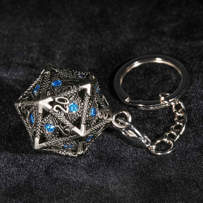Sapphire Dragon Eye Silver D20 Dice Cage Keychain + 7 Mini Metal DND Dice Set