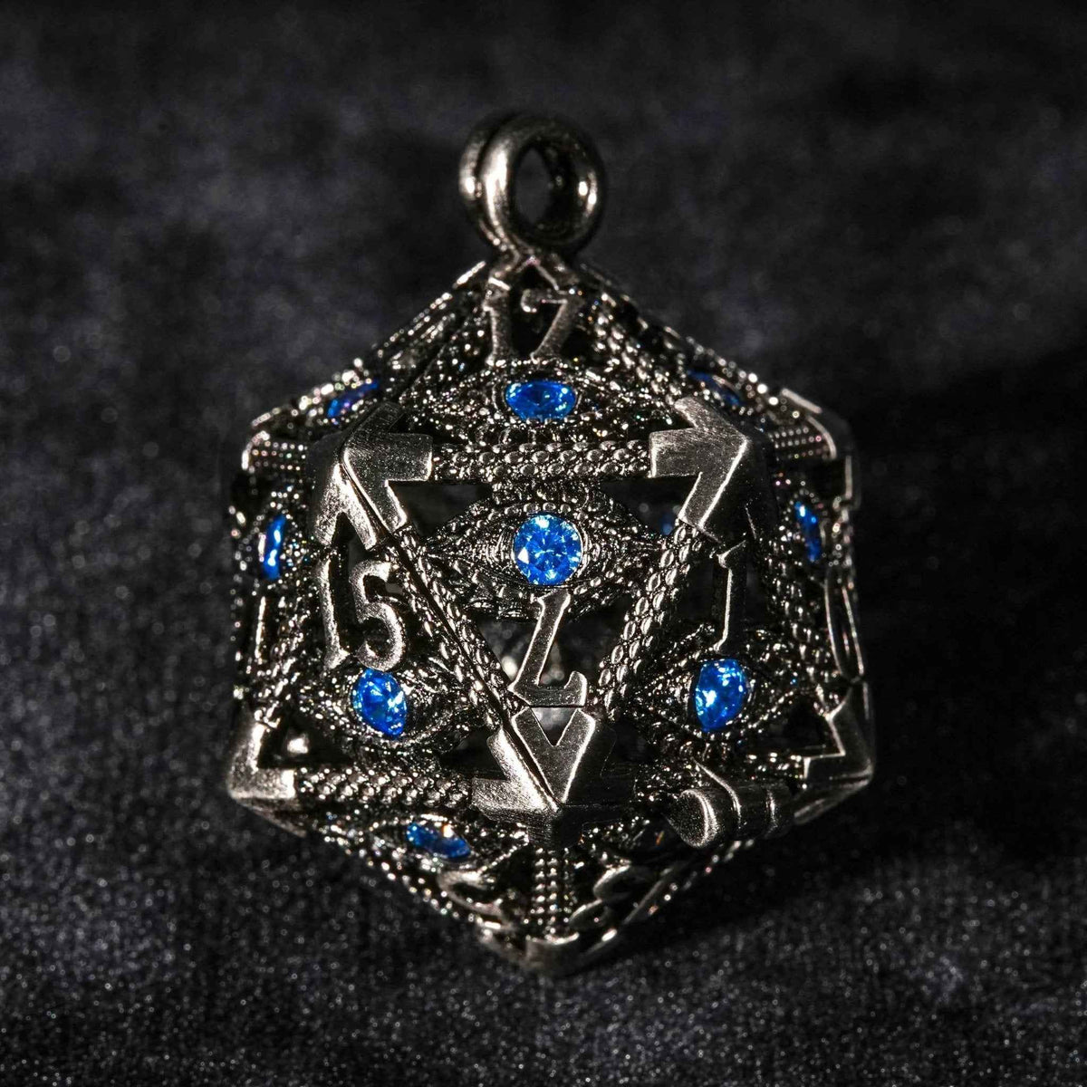 Sapphire Dragon Eye Silver D20 Dice Cage Keychain + 7 Mini Metal DND Dice Set