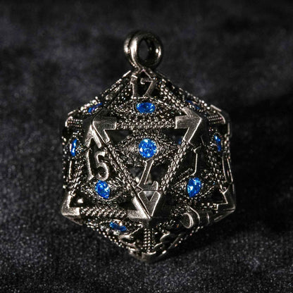 Sapphire Dragon Eye Silver D20 Dice Cage Keychain + 7 Mini Metal DND Dice Set