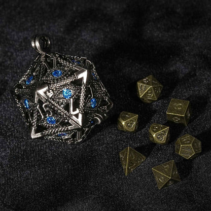 Sapphire Dragon Eye Silver D20 Dice Cage Keychain + 7 Mini Metal DND Dice Set