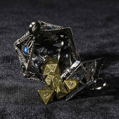 Sapphire Dragon Eye Silver D20 Dice Cage Keychain + 7 Mini Metal DND Dice Set