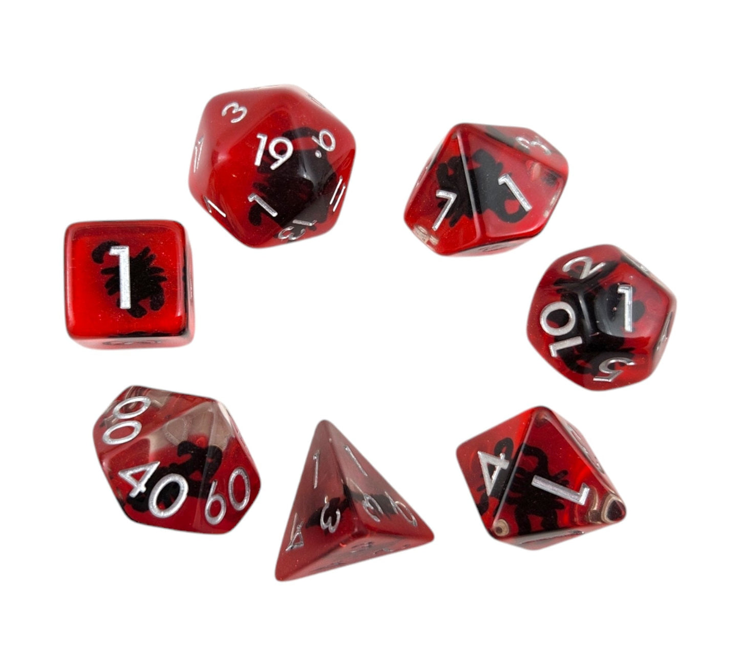 Scorpion Dice Set — 7-Piece Clear Red Resin DND Dice with Scorpion Inclusions