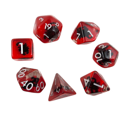 Scorpion Dice Set — 7-Piece Clear Red Resin DND Dice with Scorpion Inclusions