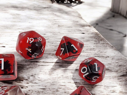 Scorpion Dice Set — 7-Piece Clear Red Resin DND Dice with Scorpion Inclusions