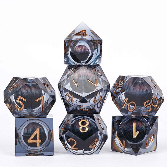 Sharp-edged black dragon's eye transparent liquid core resin DND dice set + copper font