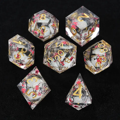 Sharp-edged plum blossom resin DND dice set + gold numbers