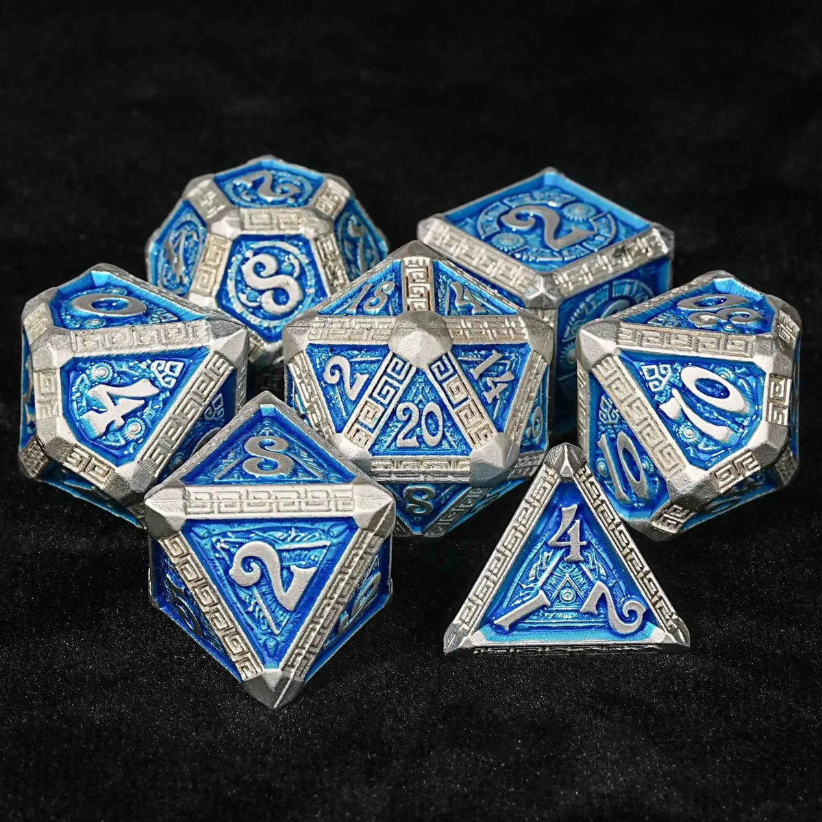 Silver and Blue Greek-Inspired Metal DND Dice Set — 7-Piece Zinc Alloy TTRPG Dice