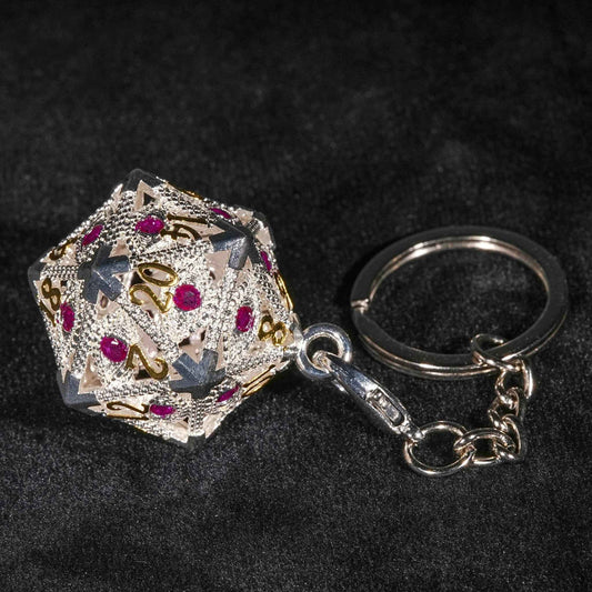 Silver Ruby Dragon Eye D20 Dice Cage Necklace + 7 Mini Metal DND Dice Set