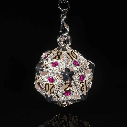 Silver Ruby Dragon Eye D20 Dice Cage Necklace + 7 Mini Metal DND Dice Set