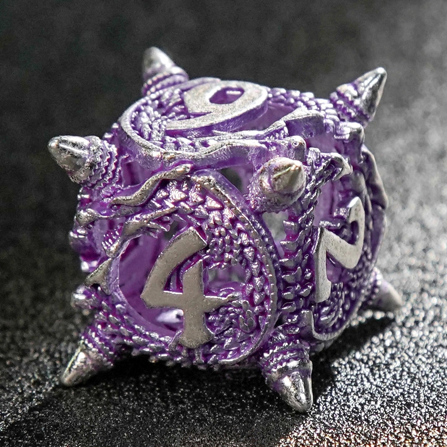 Silver purple meteor hammer hollow metal dnd dice set + silver font