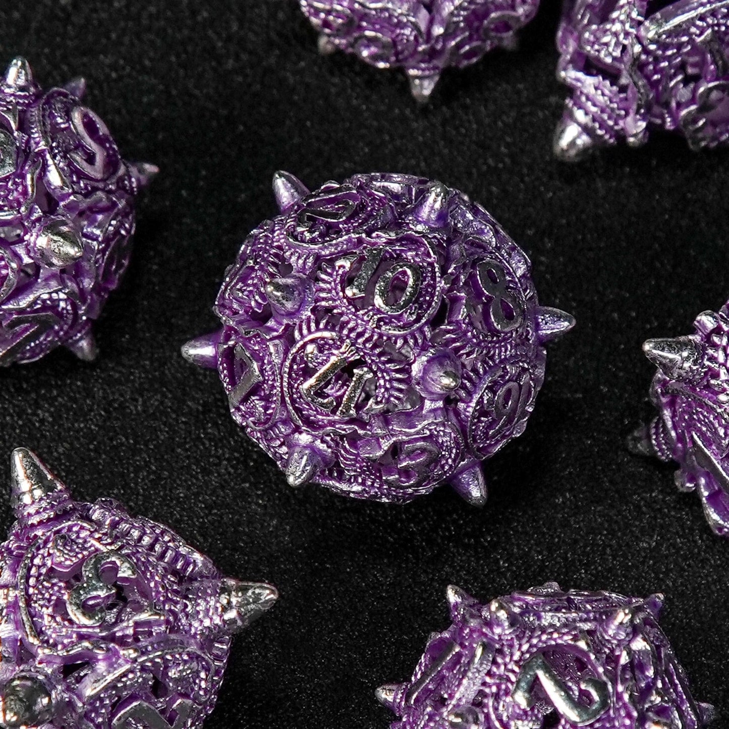 Silver purple meteor hammer hollow metal dnd dice set + silver font
