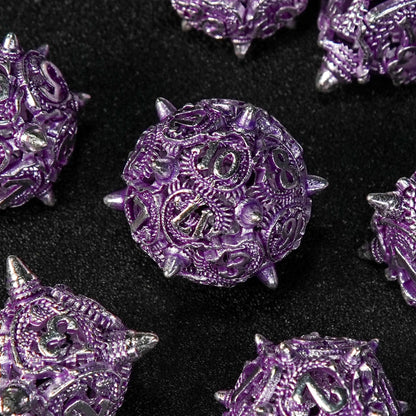 Silver purple meteor hammer hollow metal dnd dice set + silver font