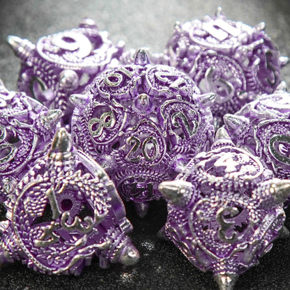 Silver purple meteor hammer hollow metal dnd dice set + silver font
