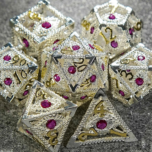 Silver Pink Gem Dragon Eye Hollow Metal DND Dice Set — 7-Piece TTRPG Dice
