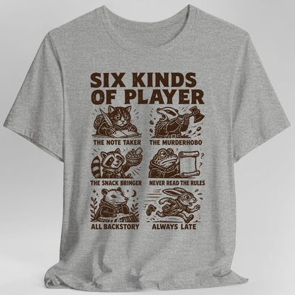 Six Kinds Of Player T-Shirt – Funny D&D T-Shirt | Sunburst RPG