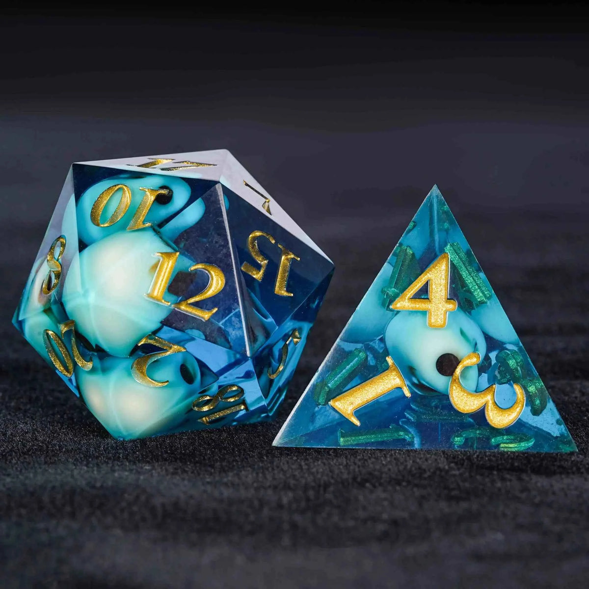 Skeleton Nightmare Blue Resin DND Dice Set — 7-Piece TTRPG Dice with Gold Numbers