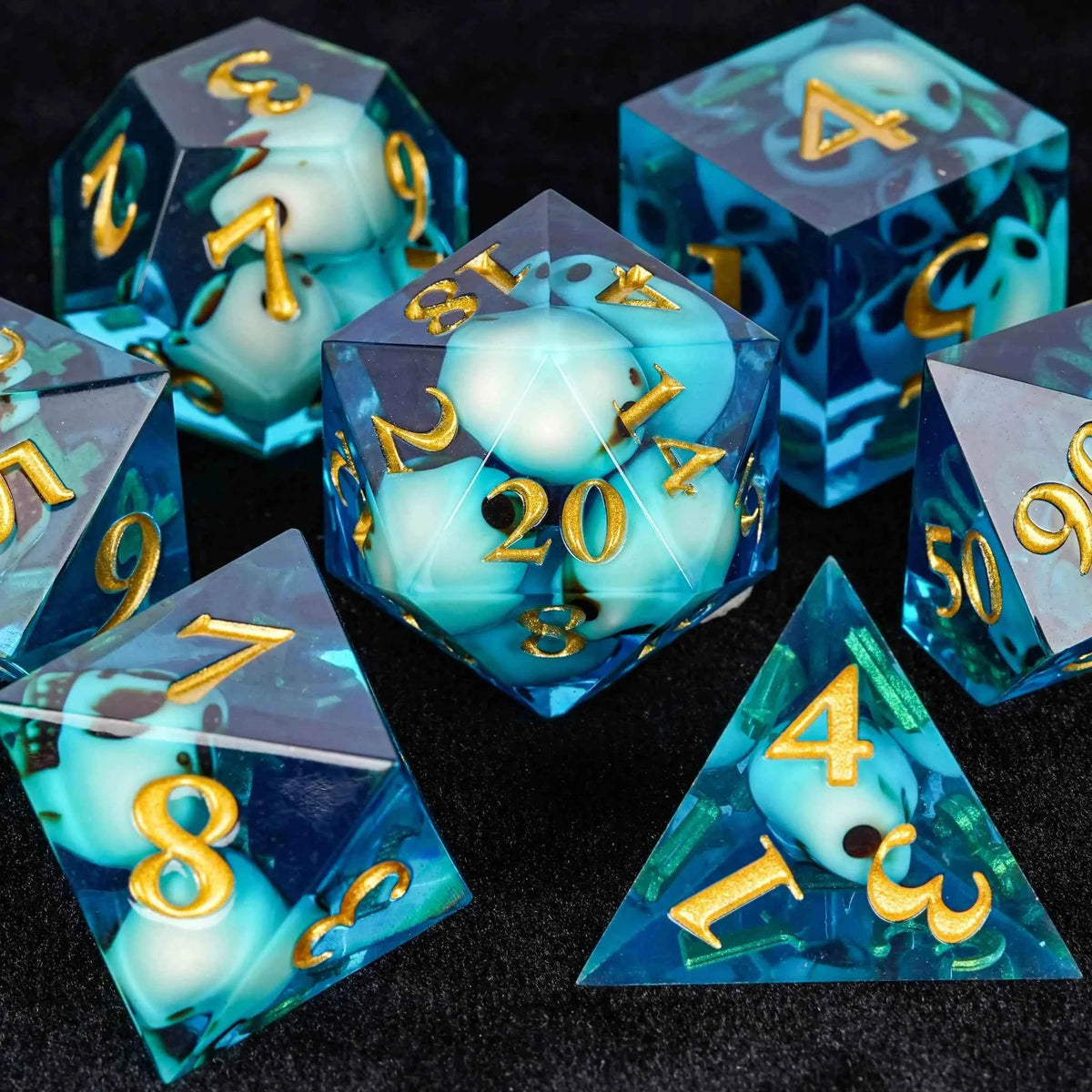Skeleton Nightmare Blue Resin DND Dice Set — 7-Piece TTRPG Dice with Gold Numbers