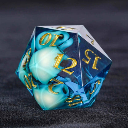 Skeleton Nightmare Blue Resin DND Dice Set — 7-Piece TTRPG Dice with Gold Numbers