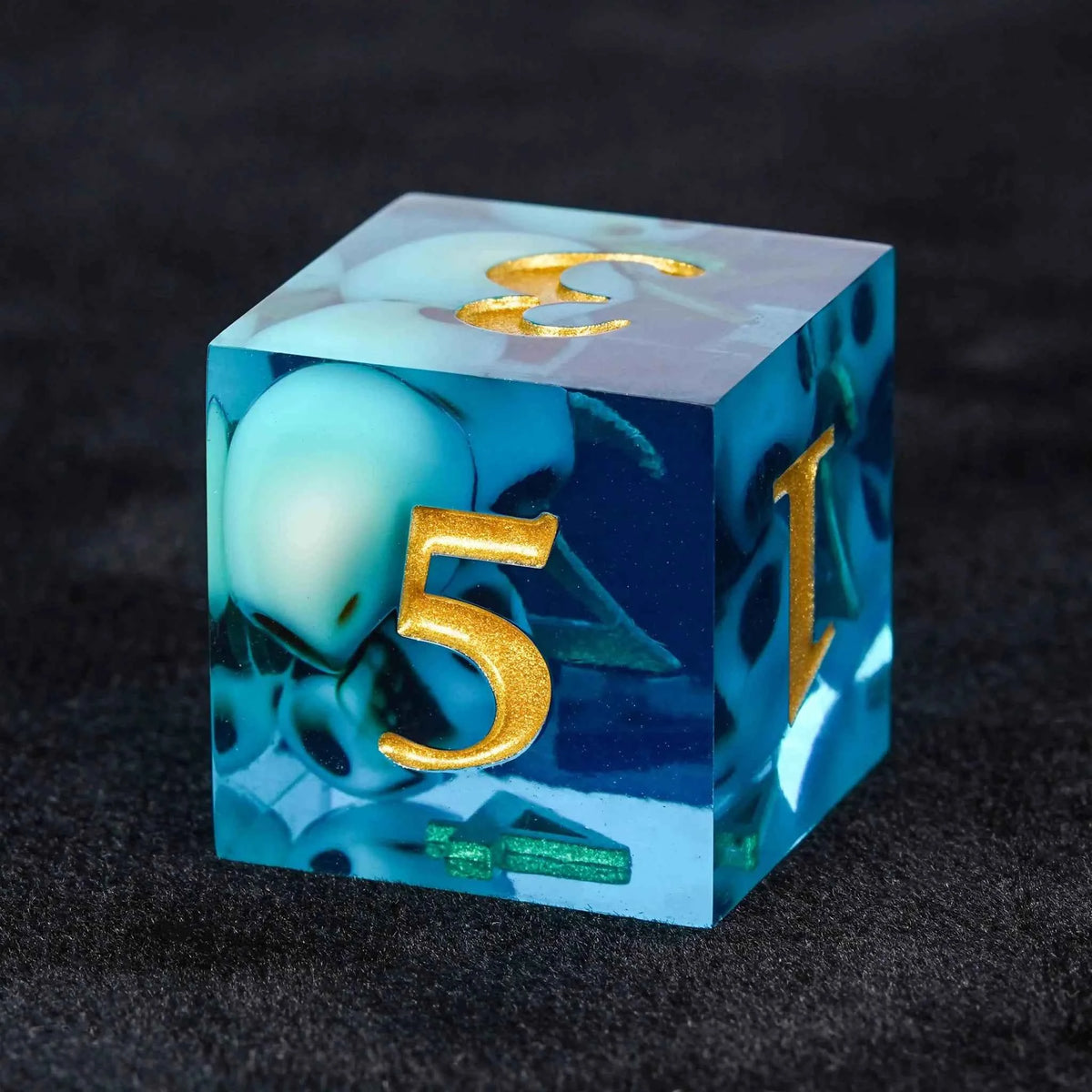 Skeleton Nightmare Blue Resin DND Dice Set — 7-Piece TTRPG Dice with Gold Numbers