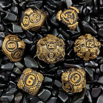 Steam Age - Brass-colored mechanical gear metal dice set