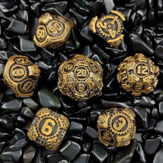 Steam Age - Brass-colored mechanical gear metal dice set
