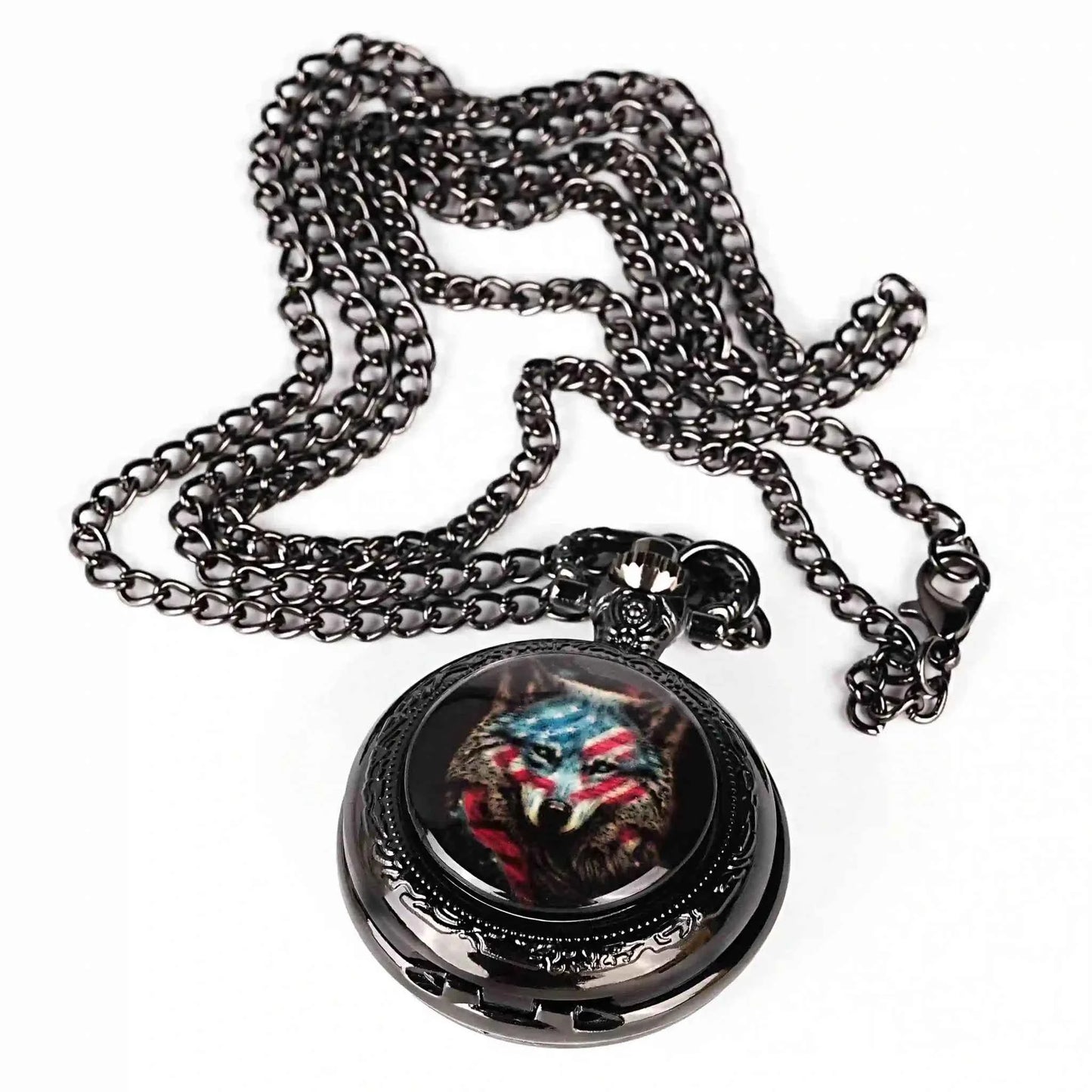 Steampunk DND Metal Dice Black Wolf Necklace | Two-in-one & Pocket Watch