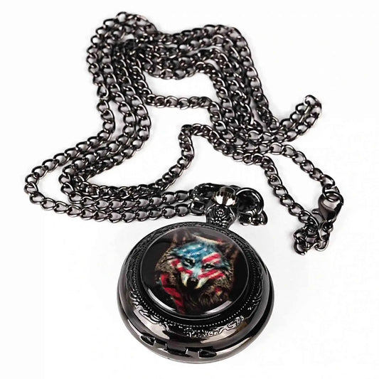 Steampunk DND Metal Dice Black Wolf Necklace | Two-in-one & Pocket Watch