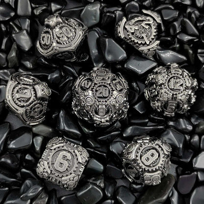 Steampunk - silver and black mechanical gear metal dice set