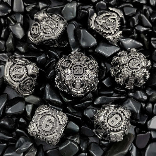 Steampunk - silver and black mechanical gear metal dice set