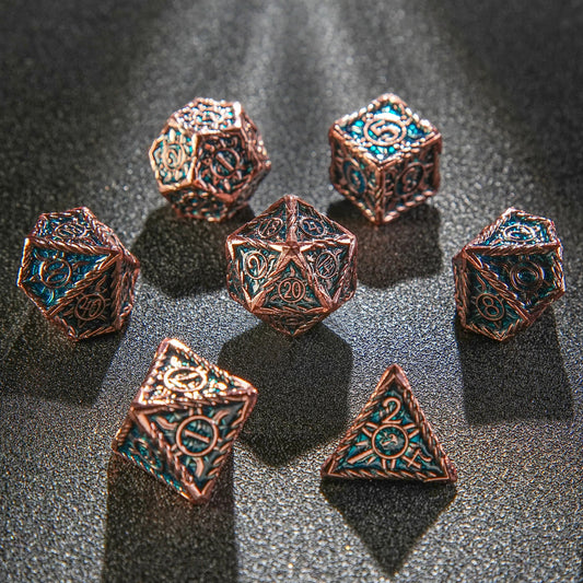 Sun Pattern Antique Red Copper Blue Metal DND Dice Set
