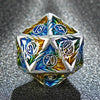 Sun Pattern Silver Solid Metal DND Dice Set + Yellow and Blue Colorway