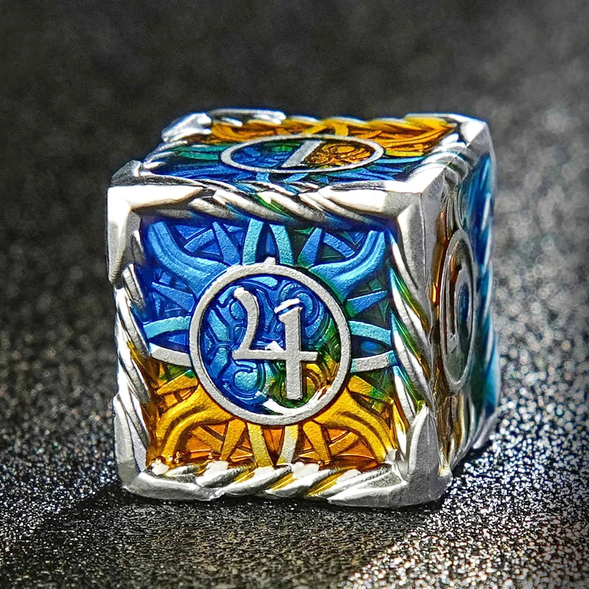 Sun Pattern Silver Solid Metal DND Dice Set + Yellow and Blue Colorway