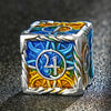 Sun Pattern Silver Solid Metal DND Dice Set + Yellow and Blue Colorway