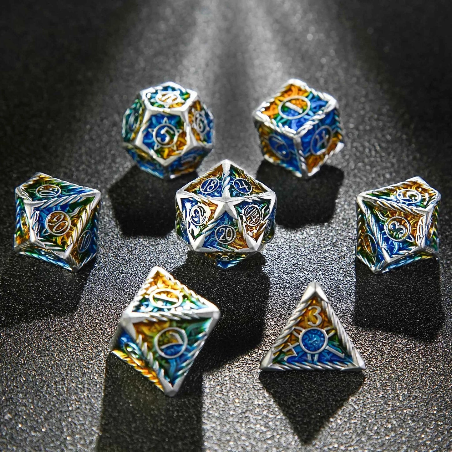 Sun Pattern Silver Solid Metal DND Dice Set + Yellow and Blue Colorway