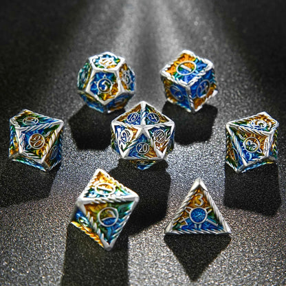 Sun Pattern Silver Solid Metal DND Dice Set + Yellow and Blue Colorway