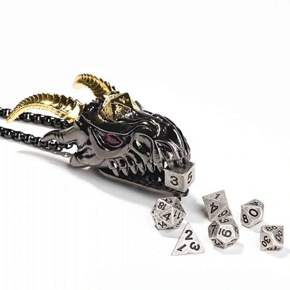 Black Dragon Head Metal Dice Necklace + 7 Mini Metal DND Dice Set