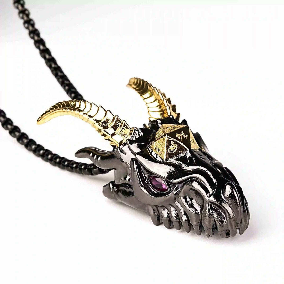 Black Dragon Head Metal Dice Necklace + 7 Mini Metal DND Dice Set