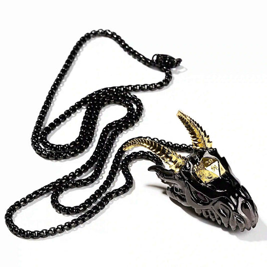 Black Dragon Head Metal Dice Necklace + 7 Mini Metal DND Dice Set
