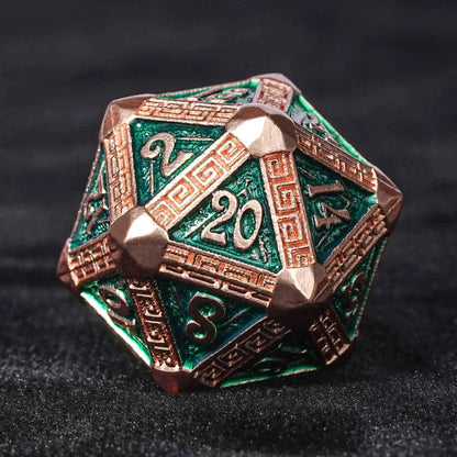 Mayan-Themed Copper and Green Metal DND Dice Set — 7-Piece Zinc Alloy TTRPG Dice